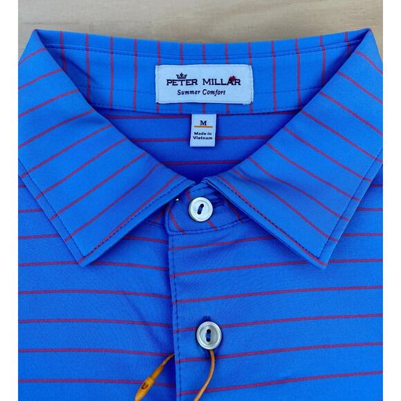 Peter Millar Men's Blue W/ Red Stripes Collared‎ Short Sleeve Polo Shirt, Size M - Picture 6 of 8